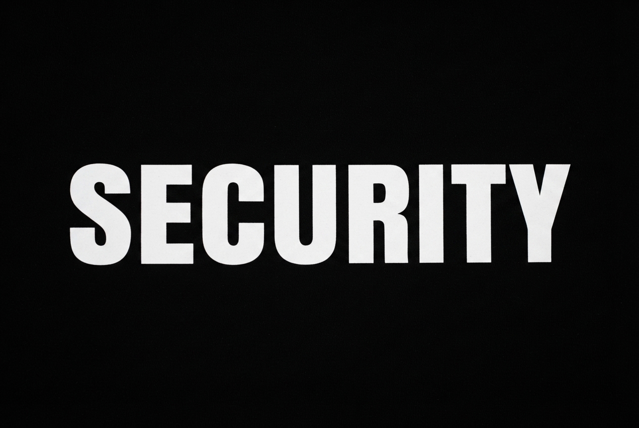 Bold white uppercase security text on a solid black background representing professional p